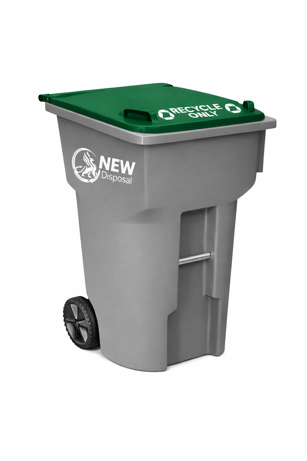 A gray residential recycling bin with a green lid featuring the NEW Disposal logo and 'RECYCLE ONLY' text.