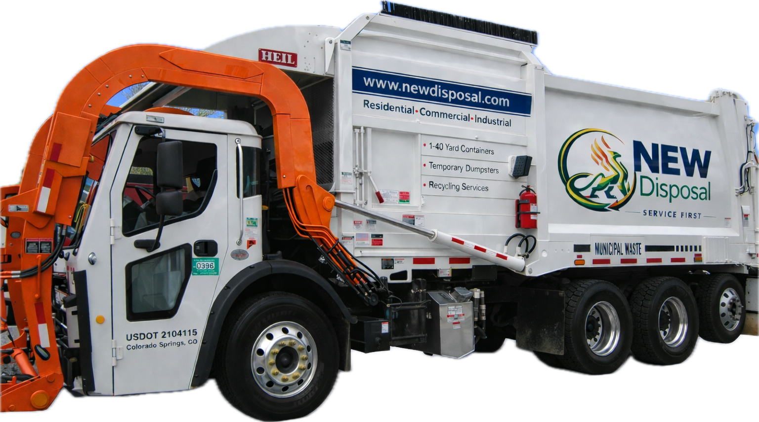 A white front-loader garbage truck with a large orange arm and NEW Disposal branding on a transparent background.