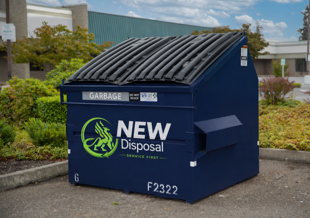 A navy blue commercial front-load dumpster with the NEW Disposal logo and lime green winged lion, parked in an outdoor lot.