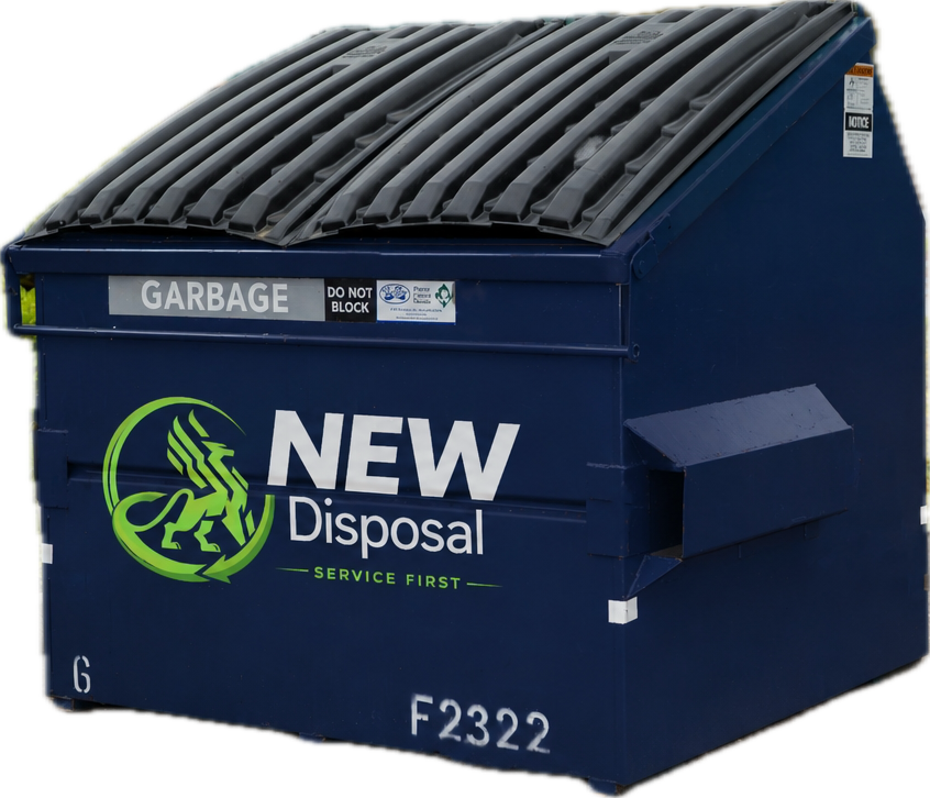 A large navy blue metal commercial dumpster with a silver lid and side pockets for truck lifting, shown from a front-quarter angle on a transparent background.