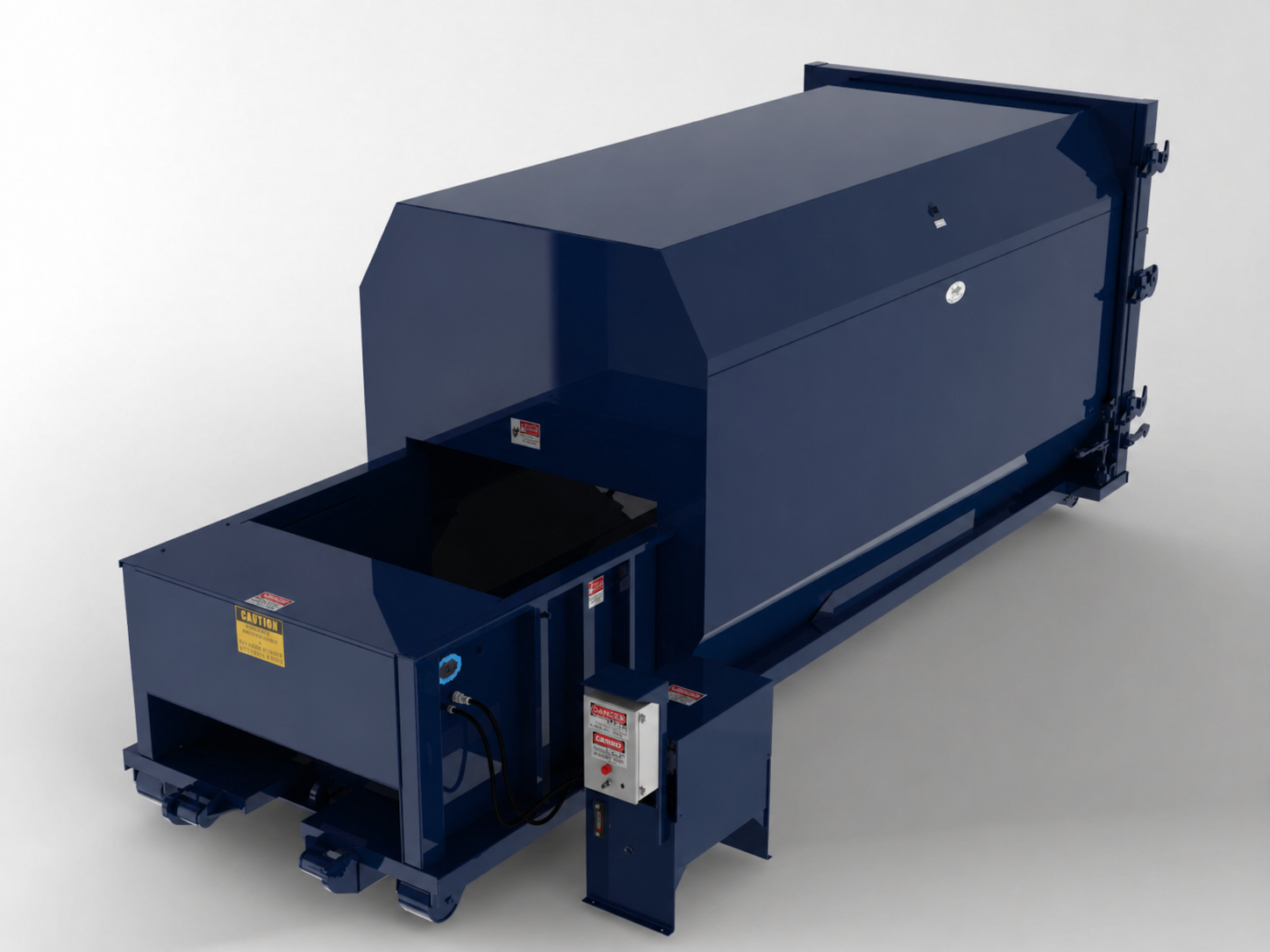 Navy stationary trash compactor with a separate hopper, control panel, and red E-stop