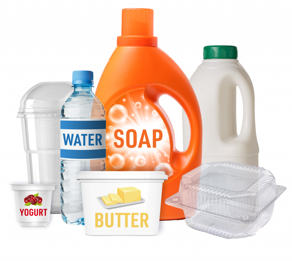 A collection of common recyclable plastic containers including a blue water bottle, an orange soap jug, a white milk jug, and various food tubs on a black background.