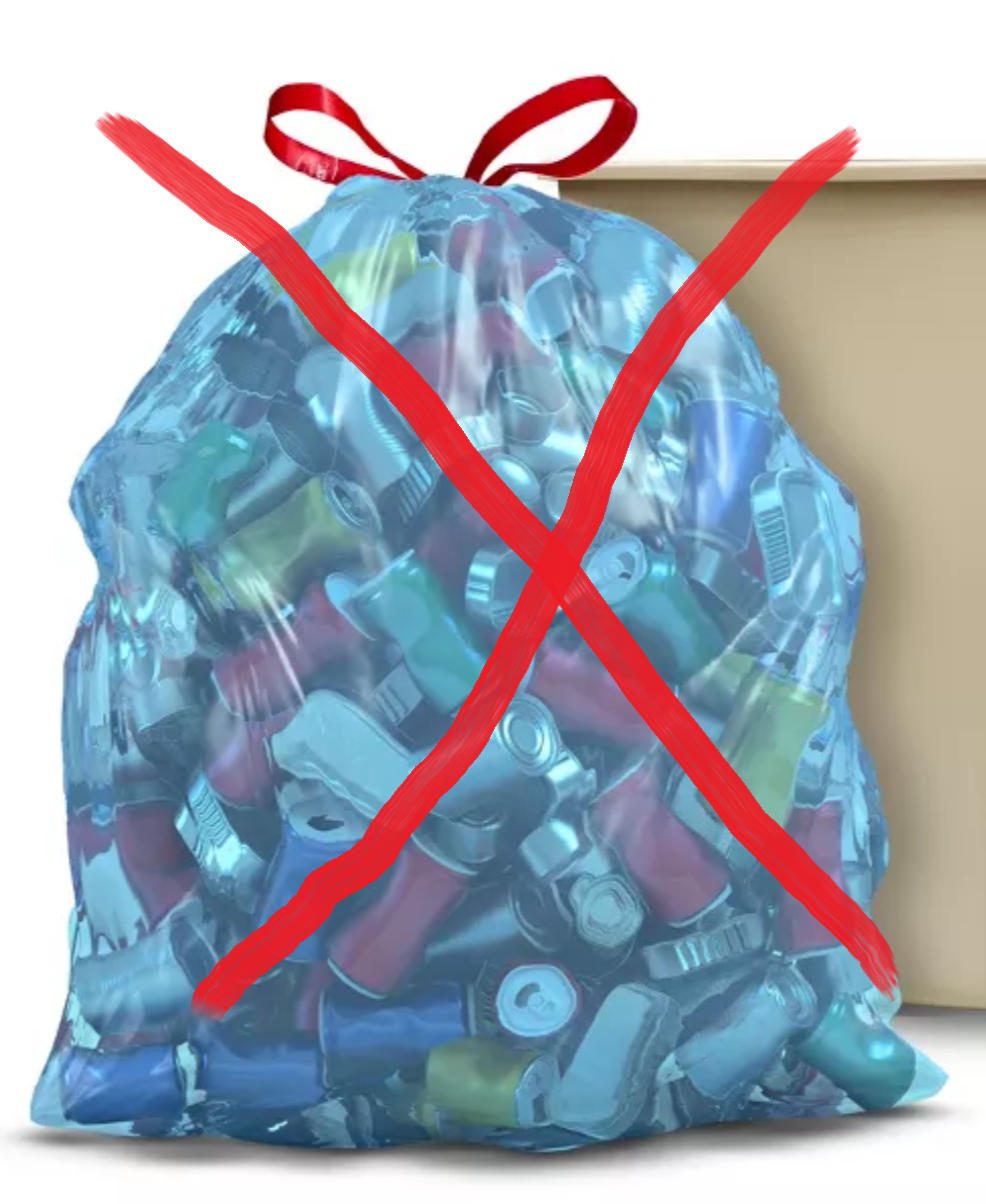 A blue transparent plastic bag filled with aluminum cans with a large red X over it to indicate that bagged recycling is prohibited.