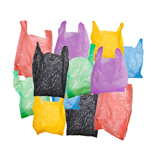 A collection of colorful crumpled plastic grocery bags in red, yellow, green, purple, blue, and black clustered against a white background.