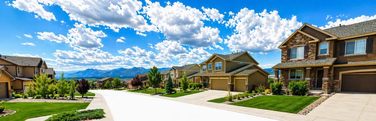 Aerial view of a Colorado Springs residential neighborhood with mountain backdrop.